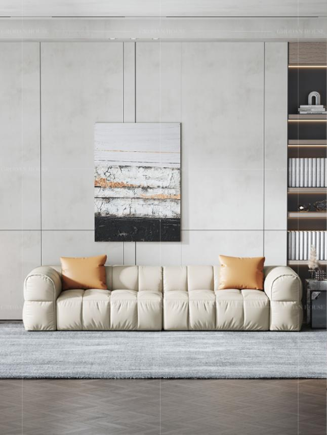 Italian minimalist full leather sofa, full leather Zen style, cream style, tofu block creative design, designer furniture for living room.