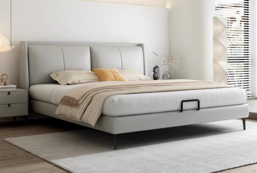 Minimalist genuine leather double bed, luxurious and modern minimalist style.