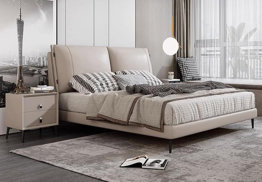 Luxurious and elegant Italian minimalist bed, solid wood bed, genuine leather bed