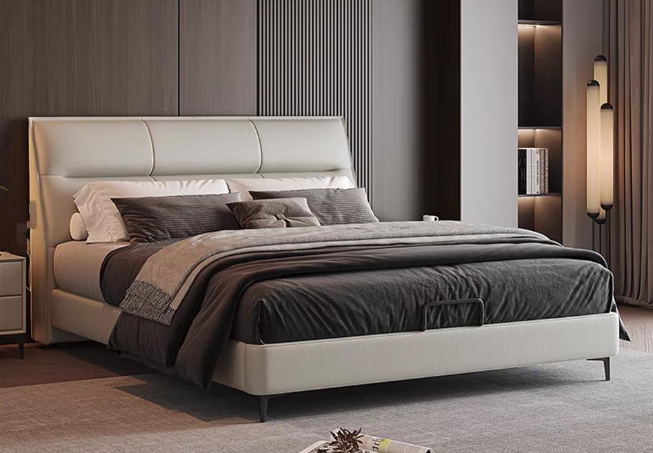 Double bed made of genuine leather, modern minimalist, light luxury, and minimalist soft padding.