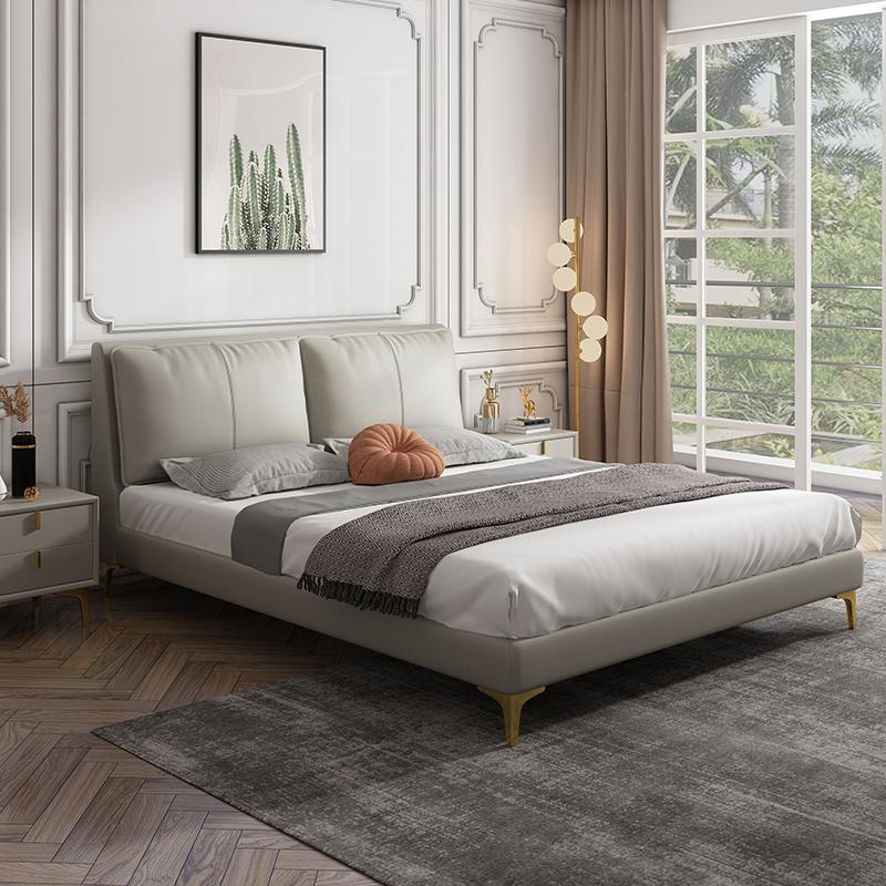 Minimalist genuine leather bed 1.8 meters, modern minimalist master bedroom, top layer cowhide soft-padded bed