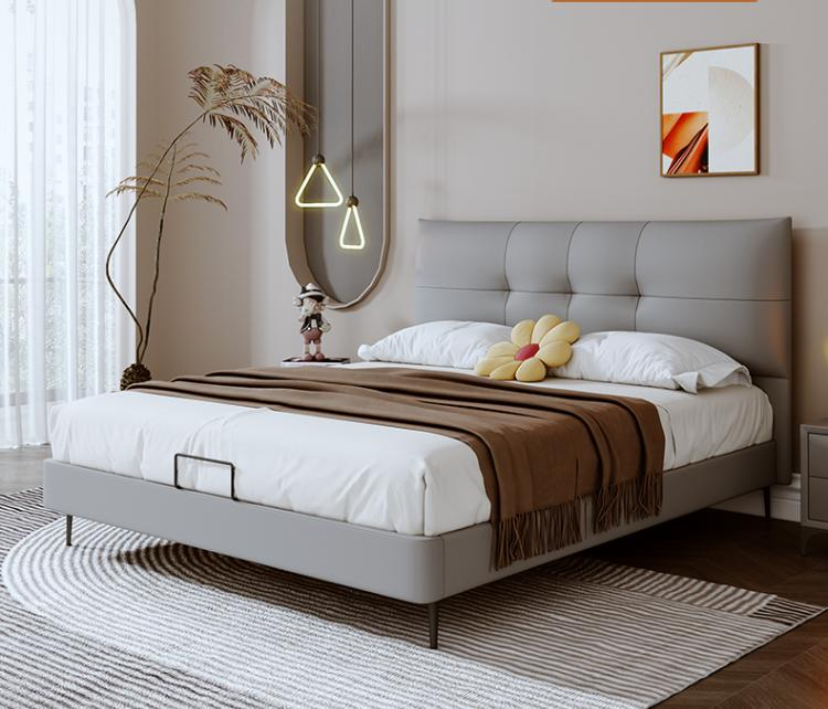 Leather bed for modern minimalist master bedroom. Double bed with soft headboard. Leather bed with soft headrest. Leather bed made of top-grade cowhide.