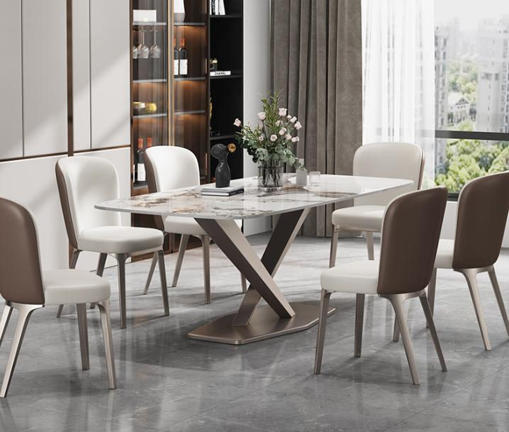 Italian-style engineered stone dining table and chair set, modern minimalist and luxurious style, small-sized dining table for small-living-space households, rectangular minimalist Western-style dining table.