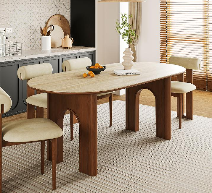 French vintage-style rectangular dining table, solid wood dining table with stone slabs and arched door design.