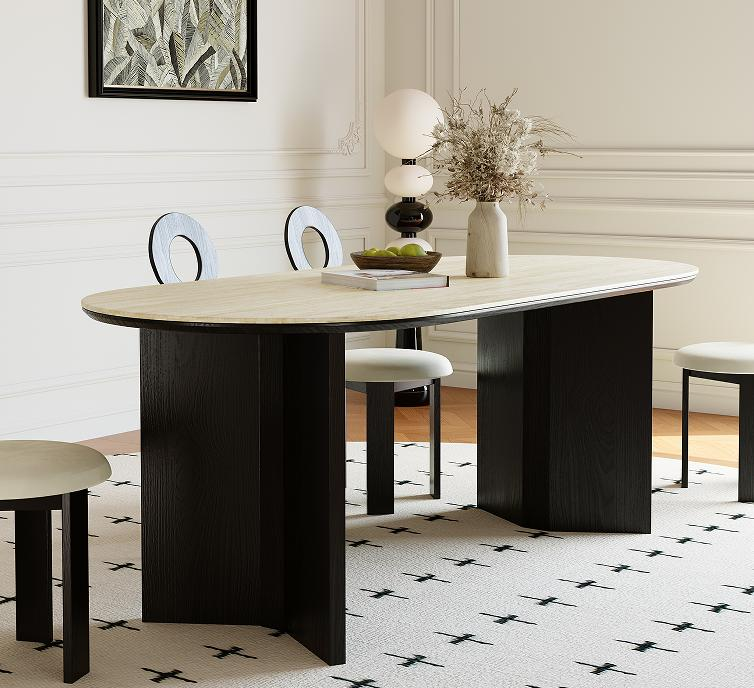 A long wooden dining table with a retro style, which is a solid wood table, is transformed into a long desk for the living room and a tea table made of large wooden planks.