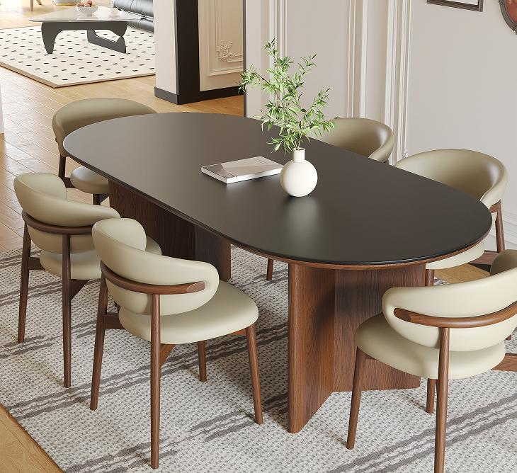 Mid-Century Modern style stone slab dining table and chair set for small-sized home use. An elliptical, retro-style solid wood dining table.
