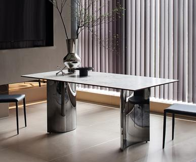 Granite slab dining table, stainless steel rectangular table, luxurious and modern home-use, minimalist and high-end dining table.