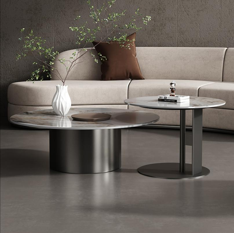 Coffee table for living room, home use, simple and modern style, small-sized apartment, light luxury, high-end feeling, round-shaped granite slab, minimalist design, small coffee table for designer use.