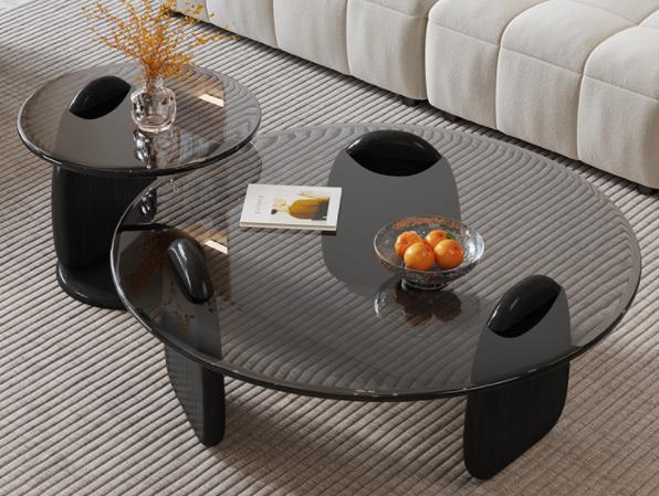 Minimalist tempered glass coffee table for living room, modern minimalist, trendy and luxurious, glossy finish, combination of large and small round shapes, white wax wood.