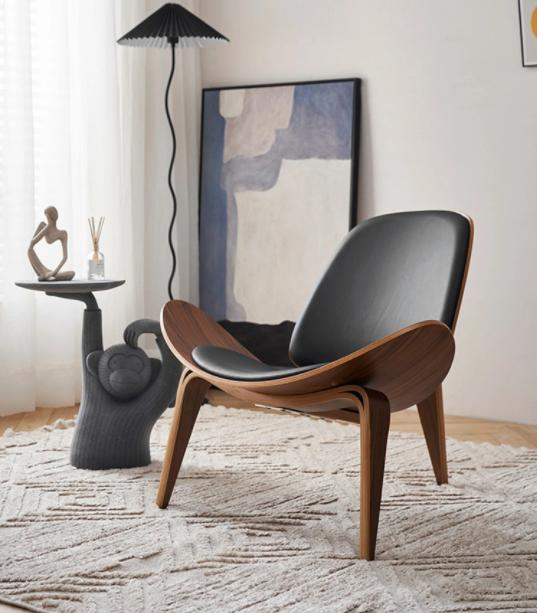 Artistic solid wood casual trendy minimalist sofa and chair designed by designer for balcony, single person, leather, smiling airplane, shell-shaped chair.