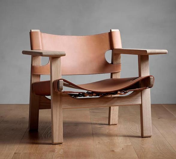 Spanish hunting chair, living room single sofa chair, balcony leisure chair, saddle leather wooden rattan chair