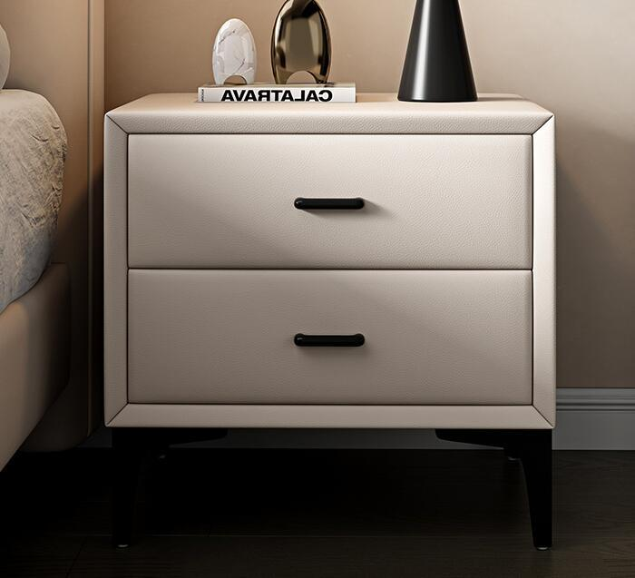 High-end Grey Italian-style bedside table, simple and modern bedroom, solid wood, luxury and trendy, creative large-sized bedside table with leather finish.