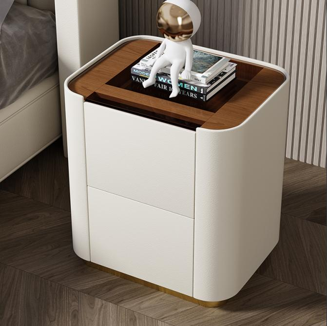 Simple and elegant solid wood bedside cabinet for storage and organization, suitable for small-sized bedrooms and home use. Double-layer tempered glass bedside cabinet for beds.