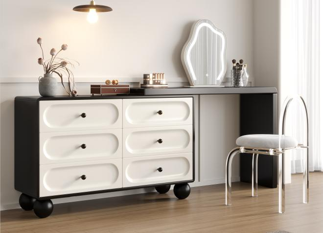 Solid wood all-in-one dressing table, bedroom modern minimalist makeup table, chest of drawers, integrated storage and shelving unit, lacquered finish.