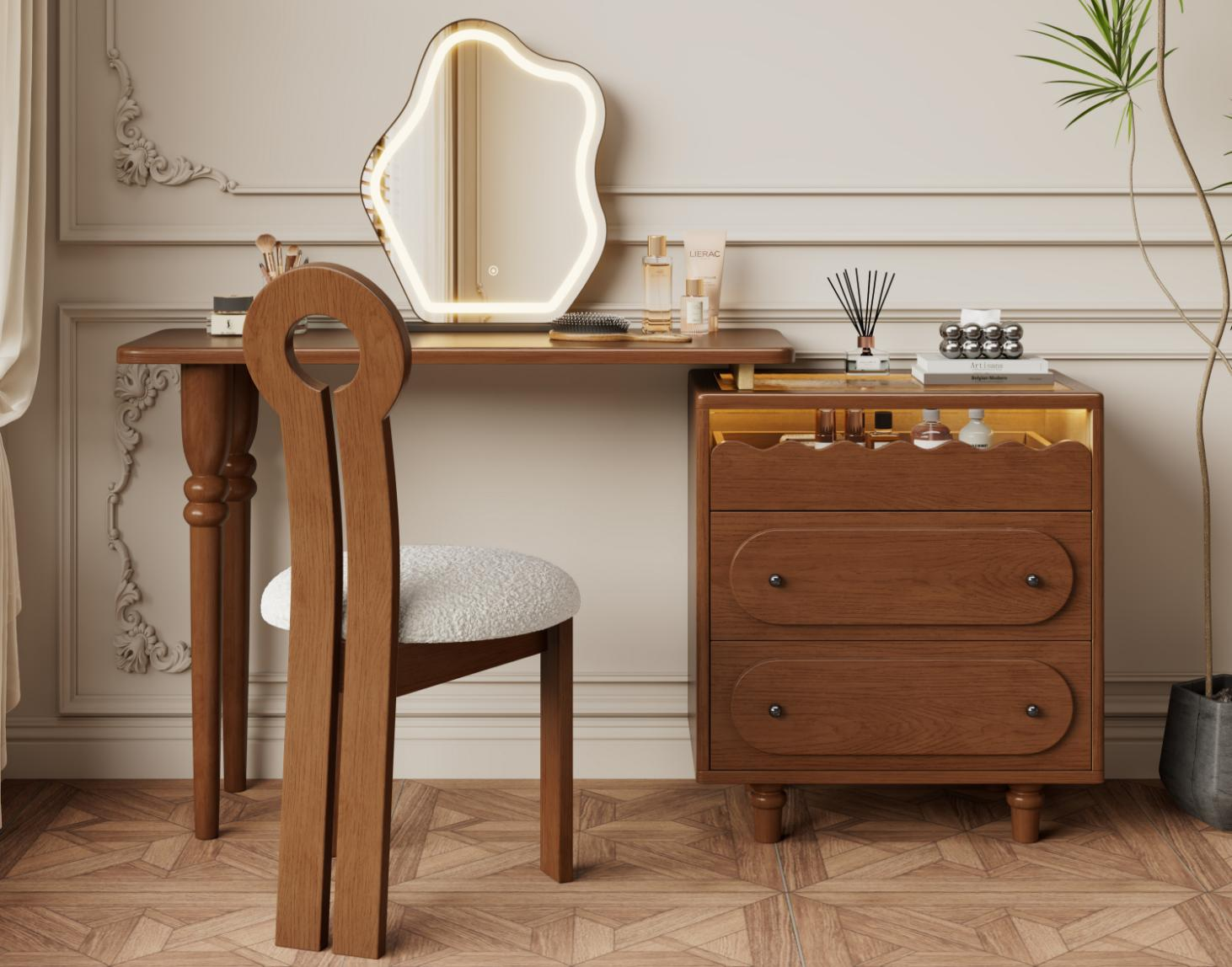 Mid-Century Modern style white waxwood solid wood makeup table, home use, master bedroom dressing table, chest of drawers, integrated computer desk, storage desk, study desk