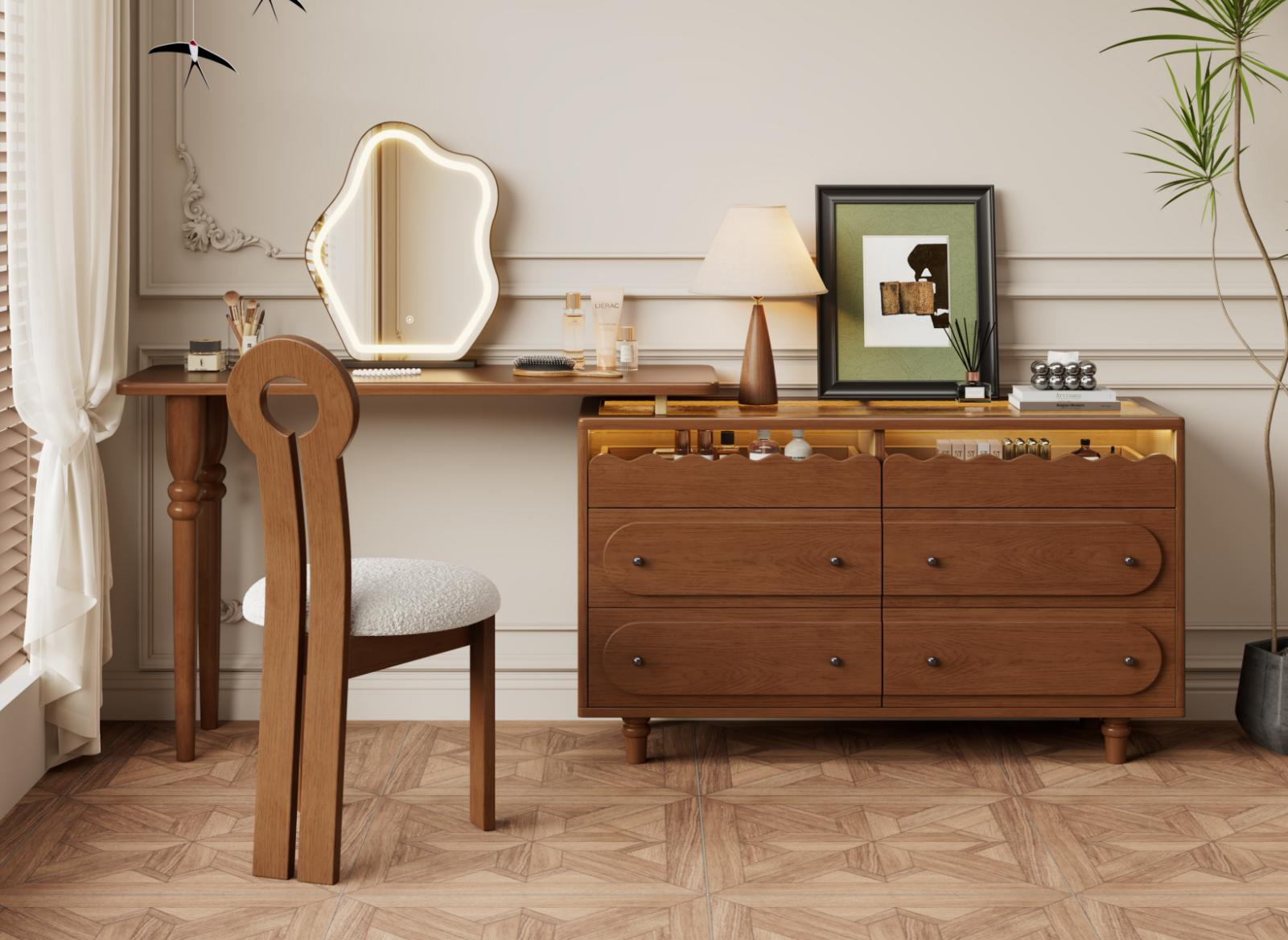 Mid-century style solid wood dressing table with atmosphere lamp, bedroom vintage bedside storage cabinet, vanity table