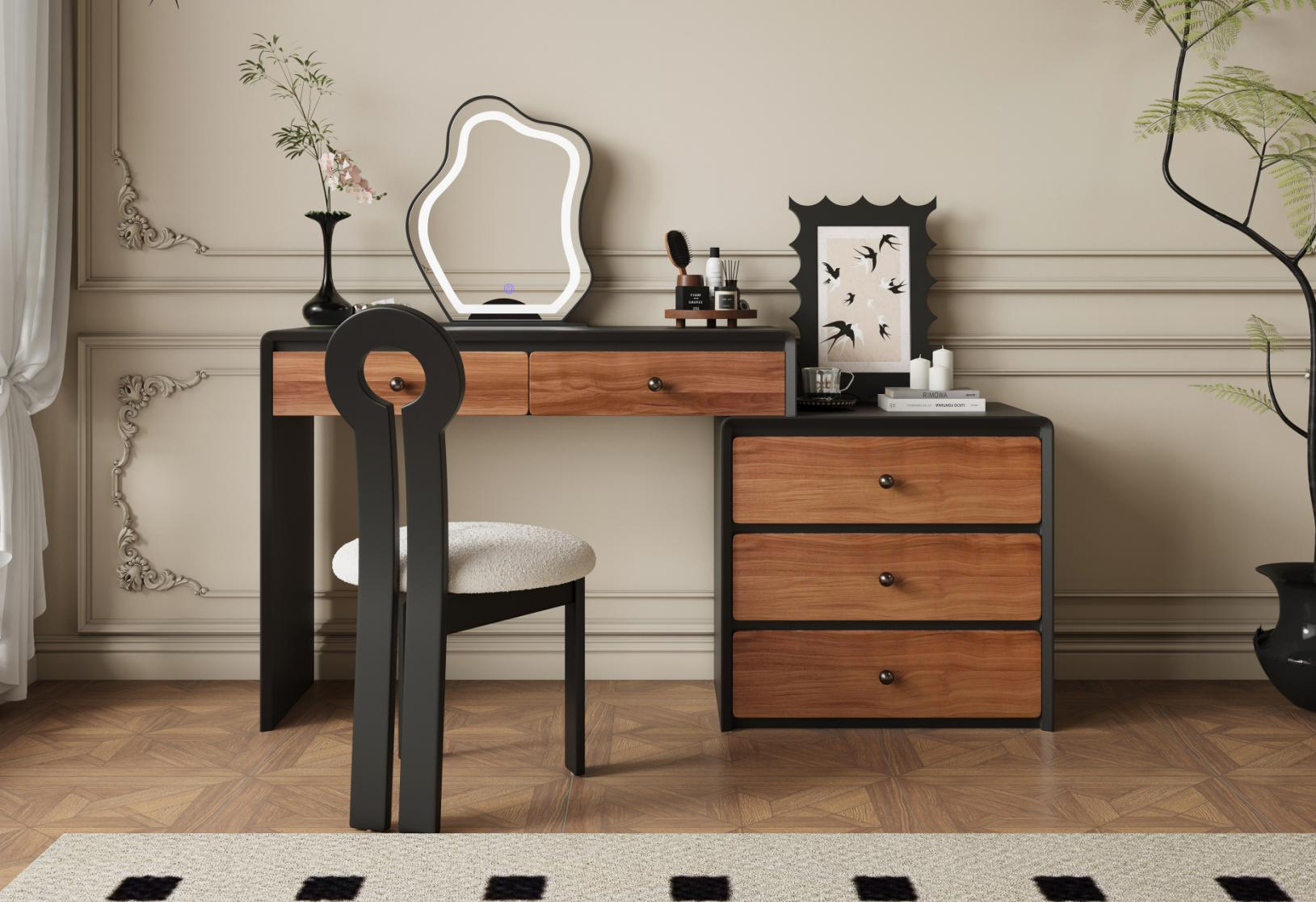 A dressing table bedroom with a simple and modern mid-century style chest of drawers integrated with a dressing table, made of solid wood, serving as a storage cabinet.