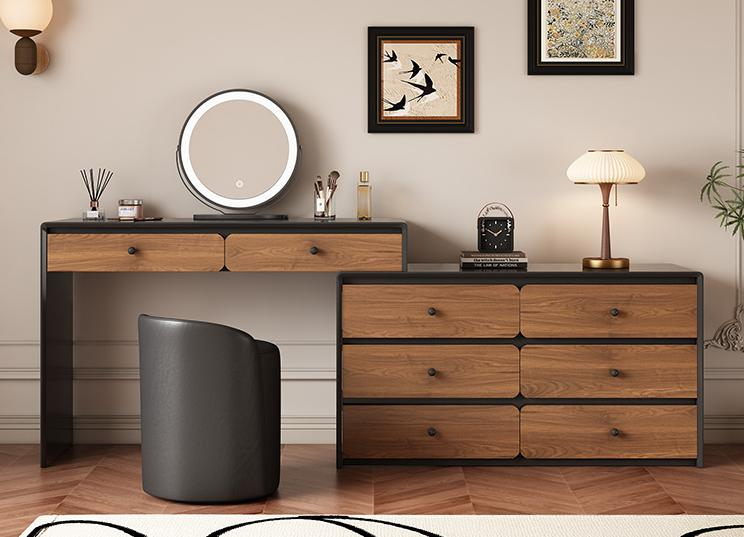 Solid wood dressing table and chest in one piece - Main bedroom. Simple and modern makeup table. Mid-century modern style storage cabinet.