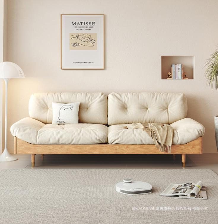 Simple Japanese-style solid wood cloud-shaped sofa, small-sized room original wood down comforter technology fabric sofa, enhanced leather sofa.
