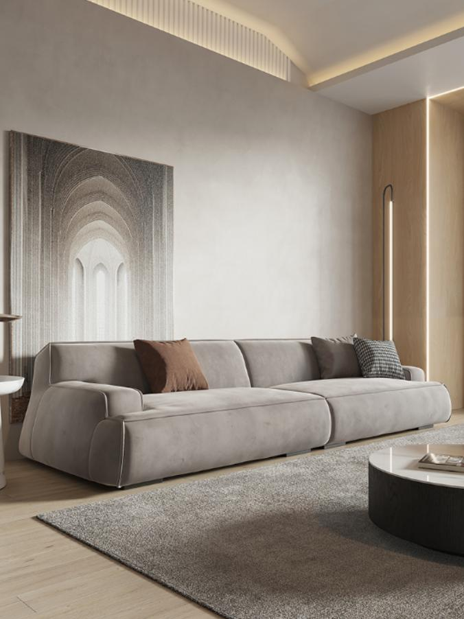 Damasu Technology's "Tech House" small-sized studio-style sofa with small-sized square-shaped fabric cushions arranged in a straight line.