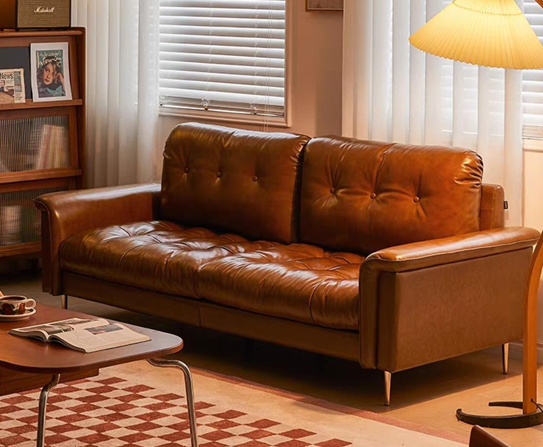 Vintage style oil wax leather sofa with genuine leather upholstery, American style and Italian minimalism.