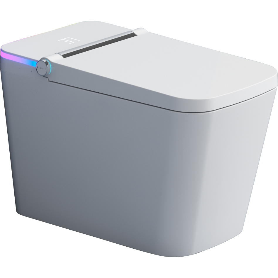 Square-shaped grey integrated smart toilet with instant heating, dual water circuits, no water pressure limit, voice control, automatic lid flip, black color.
