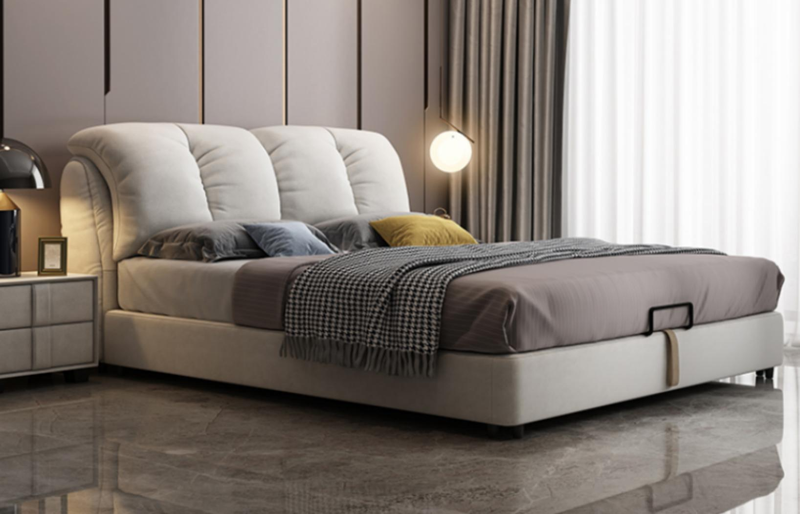Fabric bed - double bed, soft cover, modern minimalist style, technology fabric bed, easy to wash, high box, luxury bed.