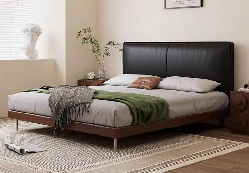 Mid-century black genuine leather Italian minimalist solid wood bed