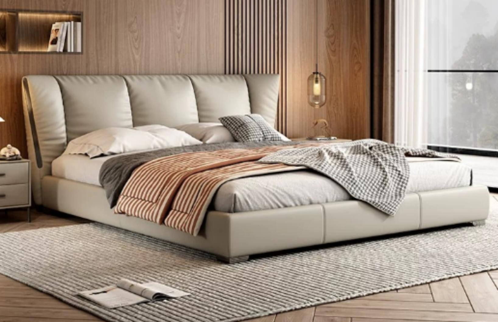 Italian leather bed, luxury master bedroom sofa bed, high-end villa designer wedding bed, Italian minimalist double bed.