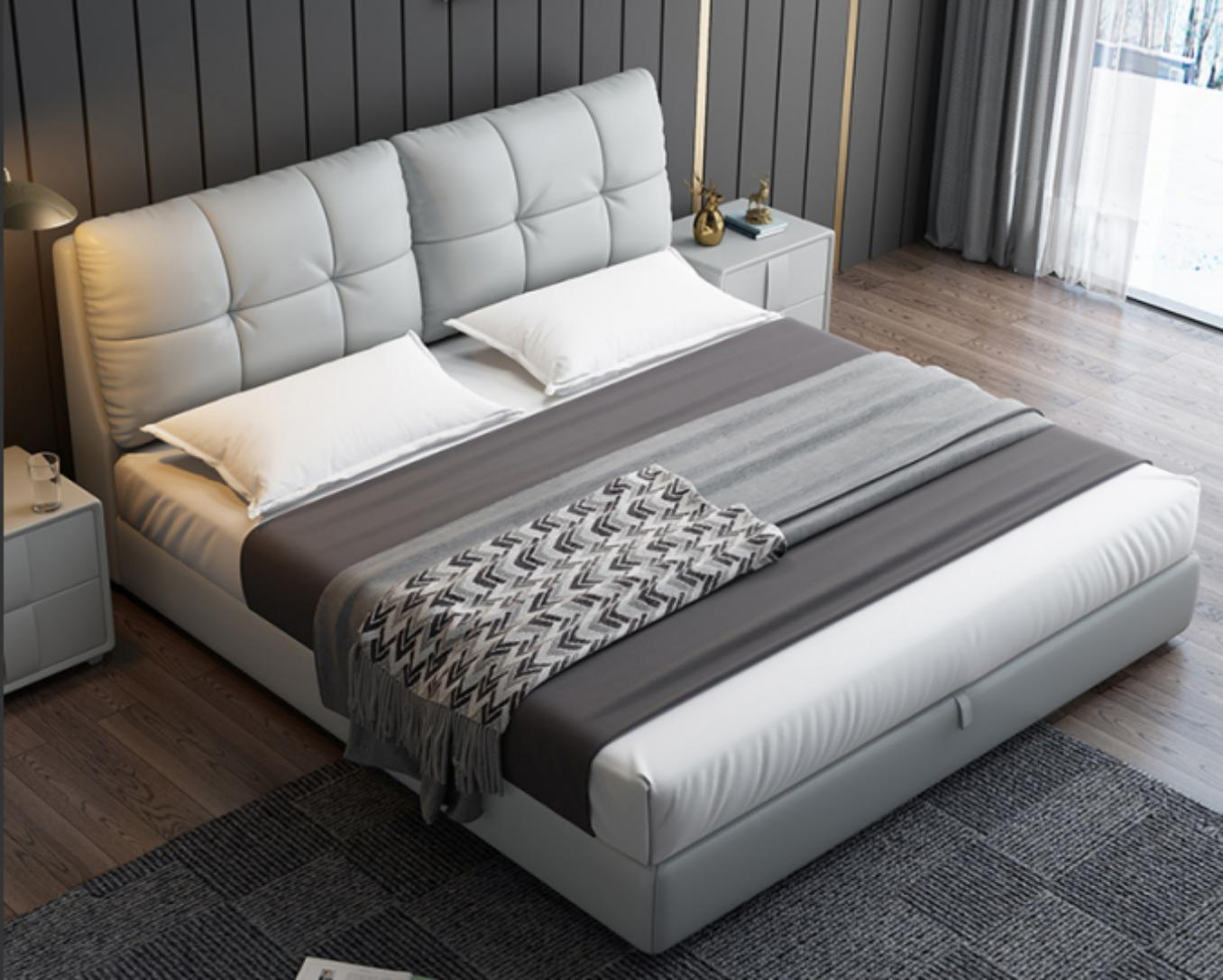 French cream style double bed with soft padding, modern and simple design, 1.8 meters long, suitable for small-sized living space, genuine leather bed.