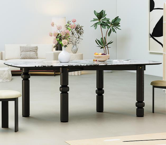 Solid wood dining table with peninsula style, in French vintage style, featuring Roman columns, with a sophisticated look. Suitable for the living room, a dining table for home use. Made of oak.