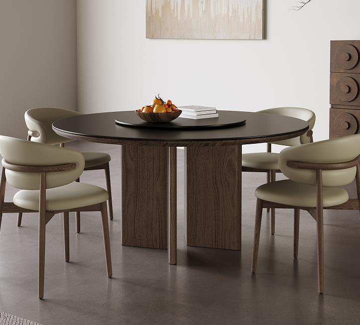 Medieval-style solid wood granite slab dining table and chair set for small-sized apartments. White walnut round table with a mix of light and dark tones for home dining.
