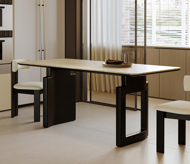 Granite slab dining table set - modern solid wood minimalist design for home use. French vintage style, retro design. Designer model - Fendi long dining table.