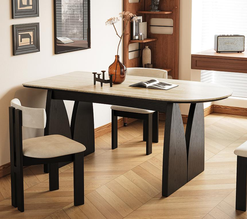 Tulip Pattern Stone Slab Dining Table with Antique Style - Elliptical Wall-Facing Table for Home Use