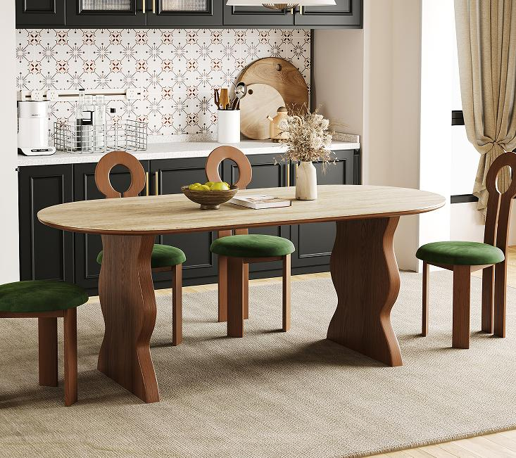 French-style retro all-solid wood dining table with a touch of American casual and Japanese Wabi-Sabi style, featuring high-end cream color scheme and rectangular shape.