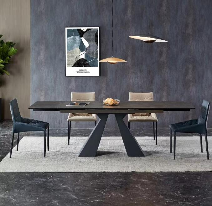 Compact and modern rectangular designer Italian-style minimalist dining table and chair set with extensible feature. This set includes a dining table and a set of chairs. The dining table is extensible.