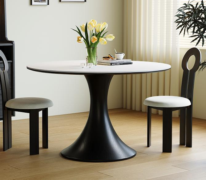 Medieval-style round dining table, French modern minimalist design, suitable for home use, black vintage granite slab round table