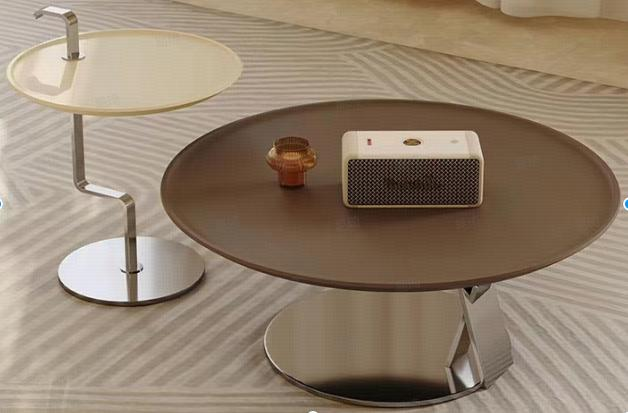 French-style round coffee table for balcony, made of stainless steel, suitable for living room, home use, minimalist design, cream color style, modern and simple design.