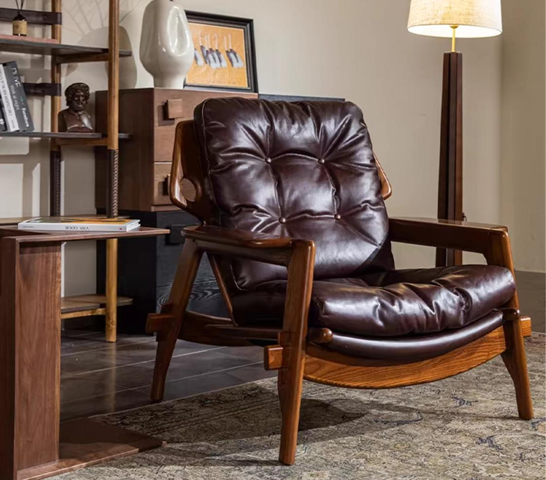 Vintage White Ash Wood Solid Leather Single Person Chair Lounge Chair Sofa Single Chair Antique Style Living Room Tiger Chair