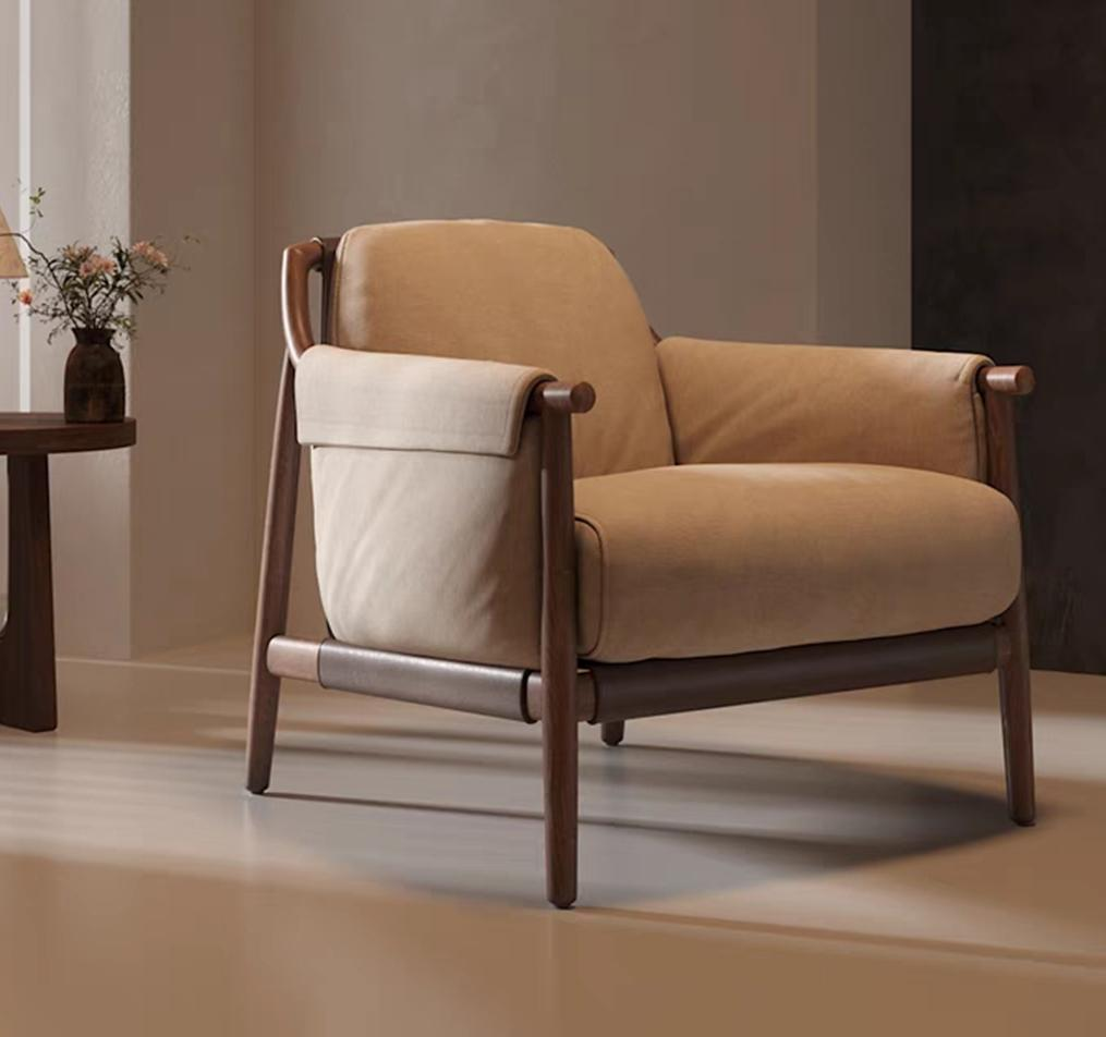 Nordic Retro Luxury Solid Wood Sofa Lounge Chair for Zen Style Homestay Living Room Balcony Single Person Leisure Sofa Chair