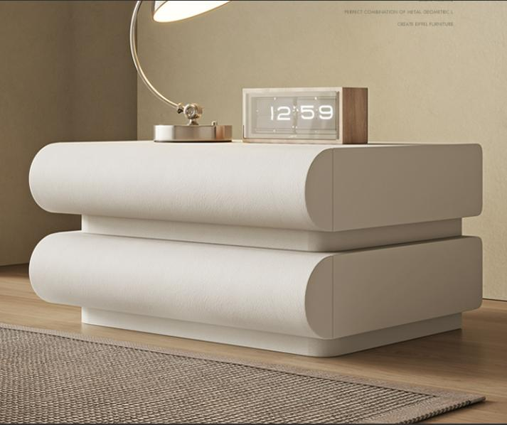 Italian minimalist bedside cabinet made of solid wood, cream style, white leather finish, modern minimalist storage cabinet, bedside storage unit