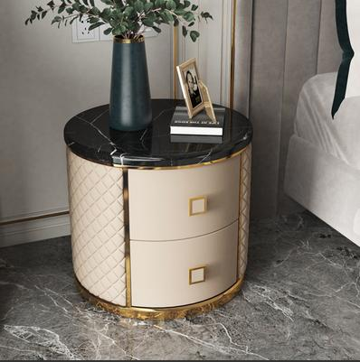 Light luxury round bedside table, modern minimalist solid wood marble bedside cabinet, minimalist American-style and Italian-style high-end storage cabinet.