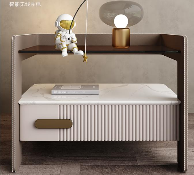 Modern minimalist bedside shelf for smart storage of items; smart bedroom storage cabinet with integrated shelves