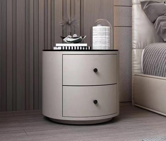 Modern minimalist bedside shelf for smart storage of items; smart bedroom storage cabinet with integrated shelves