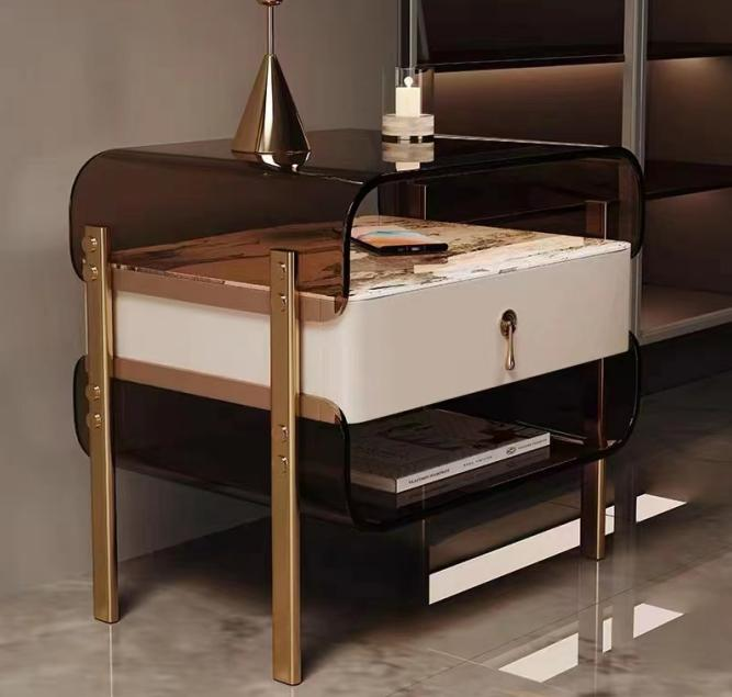 Italian minimalist round bedside table, smoked color bedside cabinet, low-profile floor-standing storage cabinet, designer storage cabinet.