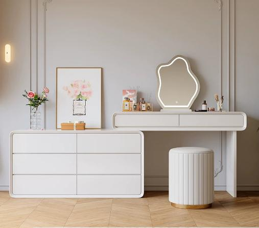 Integrated Dressing Table and Chest of Drawers, Simple and Elegant Cream Color Bedroom Dressing Table with Storage Function