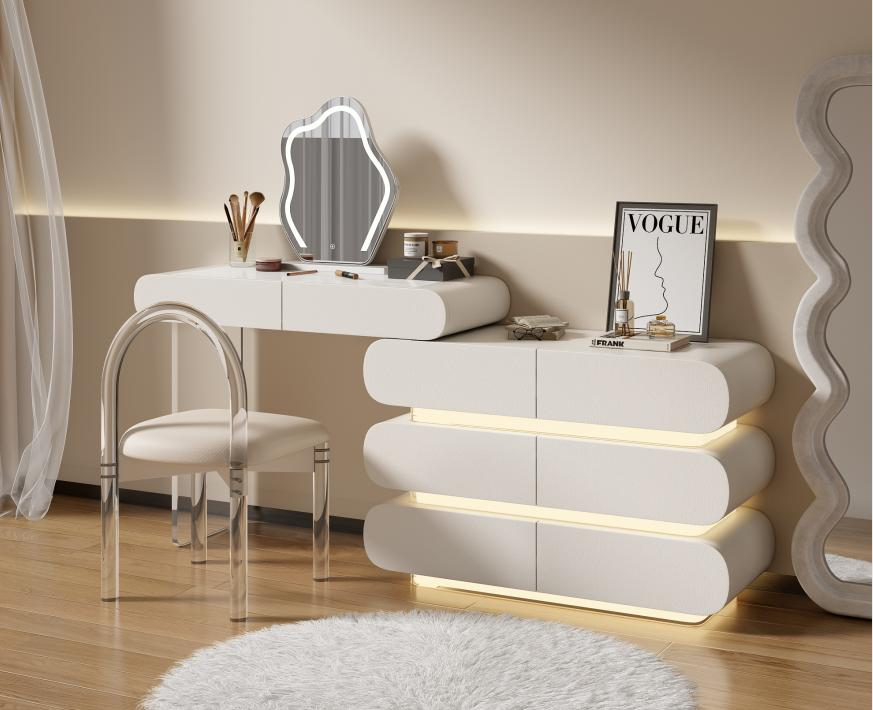 Creamy style solid wood trendy vanity dresser for bedroom, modern minimalist master bedroom corner storage chest with integrated makeup table and mirror.
