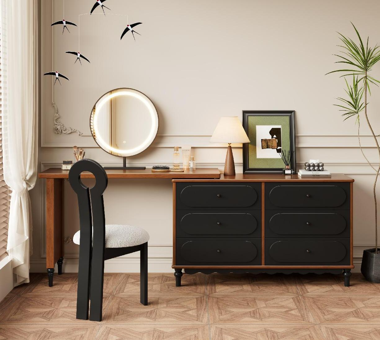 French-style vintage solid wood dressing table, bedside chest, vanity table in one piece, antique style, adjustable sliding push-pull makeup table for bedroom.
