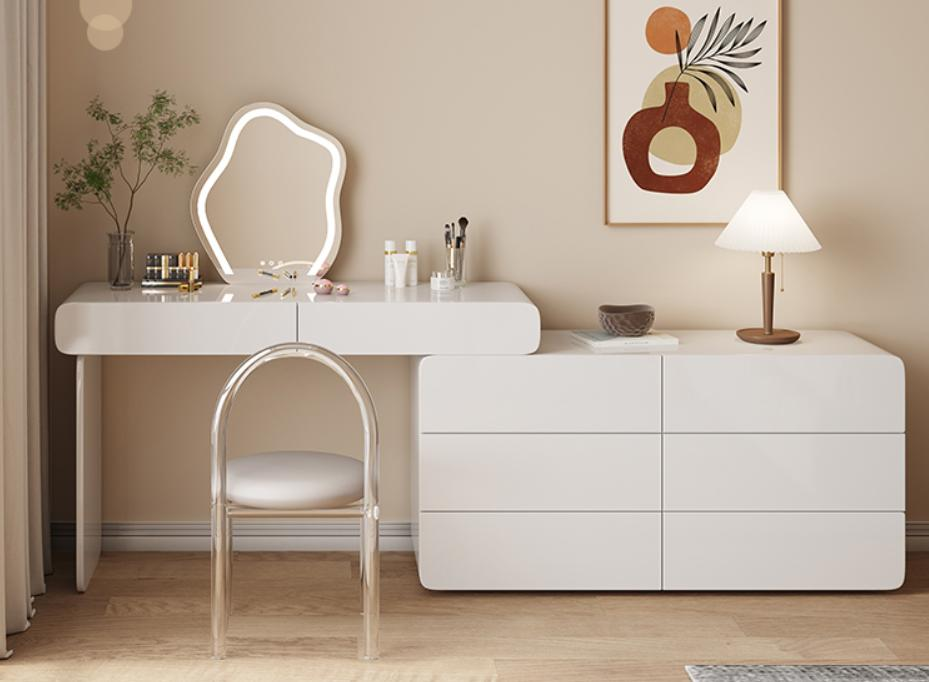 Fully assembled solid wood lacquered mobile dressing table and tail-end integrated storage cabinet for light luxury and vintage style vanity table and dressing table.
