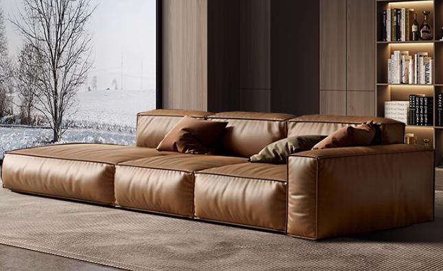 Caramel-colored genuine leather block sofa set for the living room. Head-layered cowhide with down filling, Italian minimalist block style, modern design.